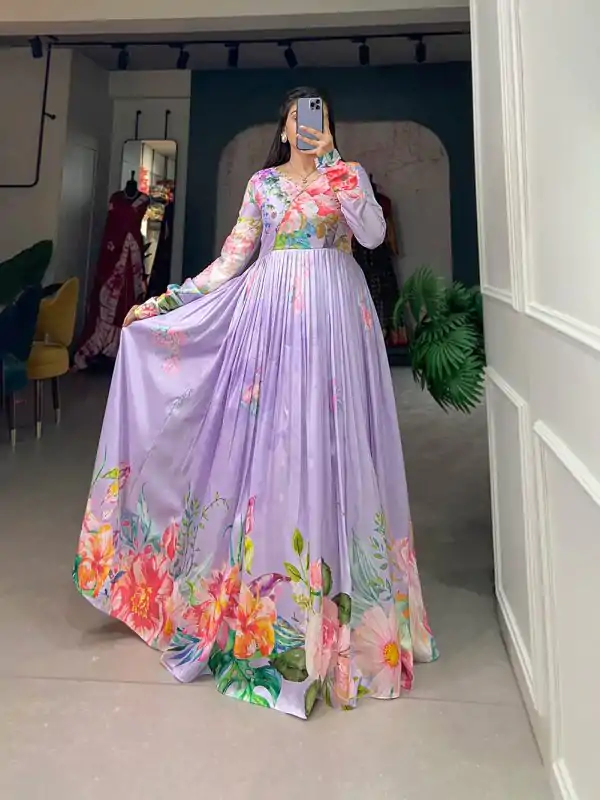 Marvelous Purple Color Tussah Silk Floral Printed Gown