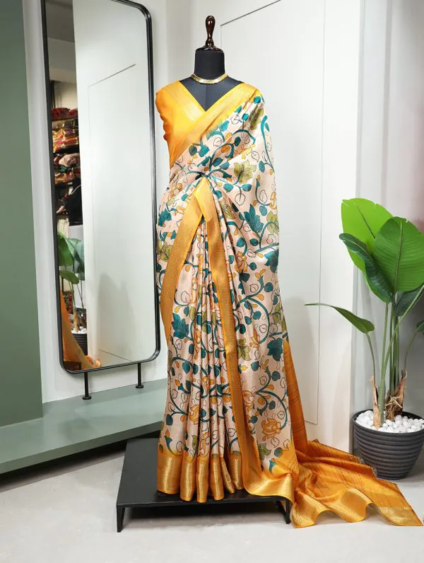 Wanted Yellow Color Dola Silk Printed With Zari Border Partywear Designer Style Saree