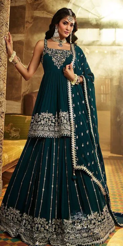 Graceful Peacock Green Color Faux Georgette Embroidery Sequence Work Lehenga