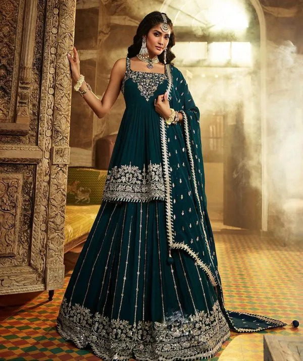 Graceful Peacock Green Color Faux Georgette Embroidery Sequence Work Lehenga