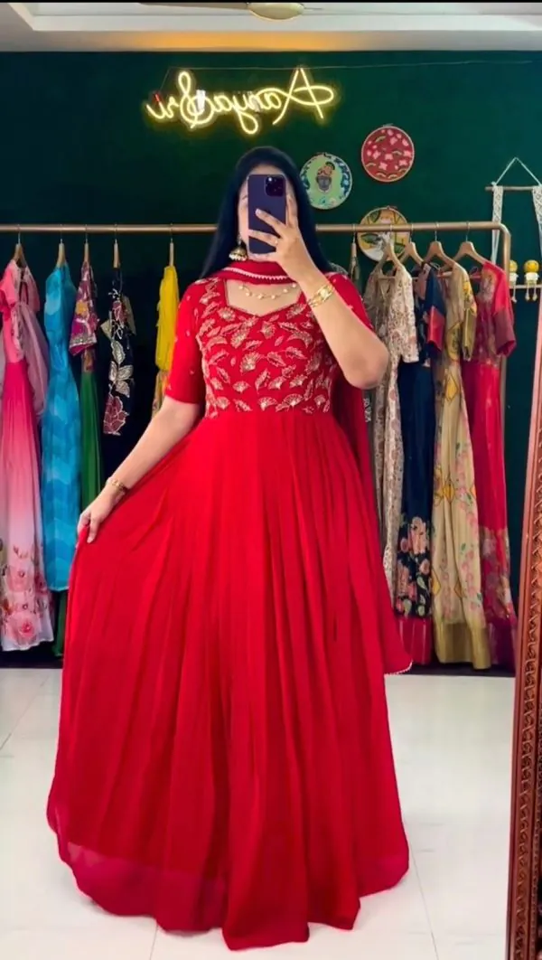 Stylish Red Color Georgette thread with Sequence Work Gown