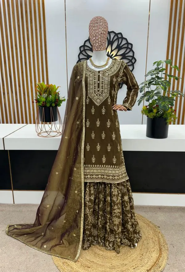 Ravishing Coffee Color Georgette Embroidery Sequence Work Sharara Suit