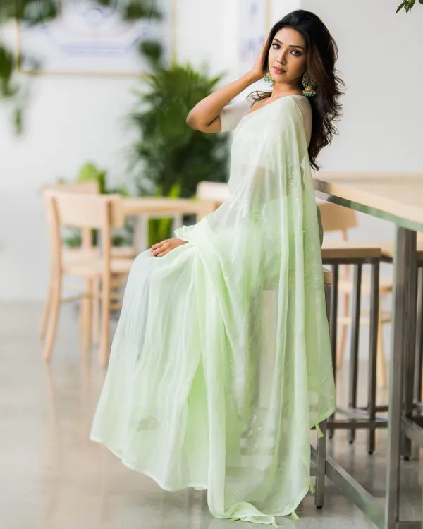 Fancy Light Green Color Zomato Silk Georgette Embroidery Sequence Saree