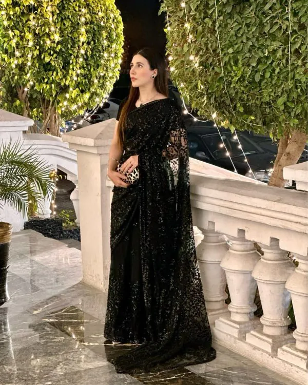 Beautiful Black Color Georgette Embroidery Sequence work Saree