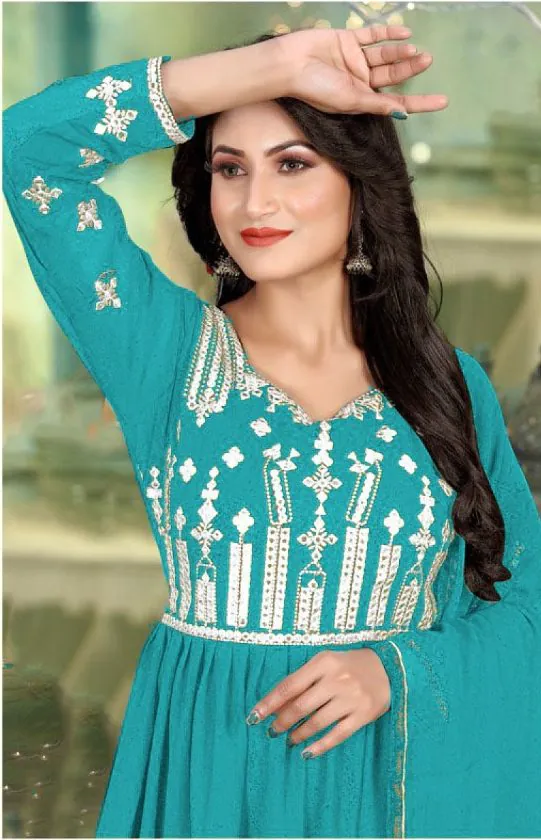Wonderful Sea Green Color Georgette with Foil Embroidery Stone Work Anarkali Suit - Image 2