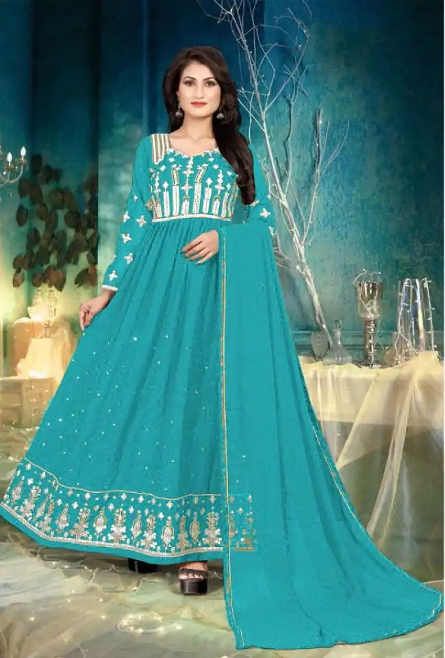 Wonderful Sea Green Color Georgette with Foil Embroidery Stone Work Anarkali Suit