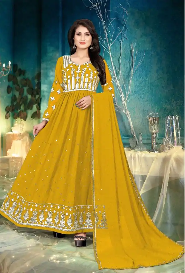 Wonderful Yellow Color Georgette with Foil Embroidery Stone Work Anarkali Suit