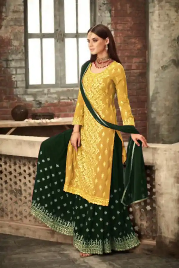 Adorable Yellow & Green Color Party Wear Georgette Sharara Suit