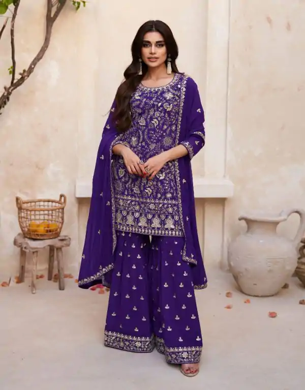 Artful Purple Color Heavy Georgette Embroidered Work Sharara Suit