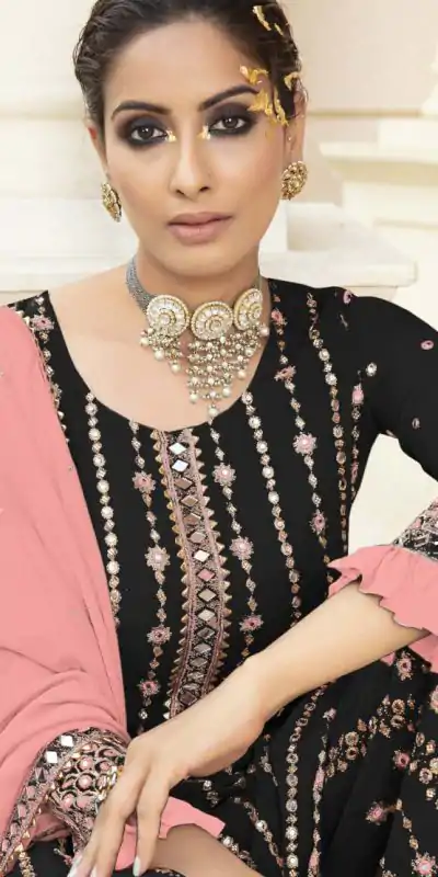 black-pink-georgette-embroidered-sharara-suit-with-real-mirror-work