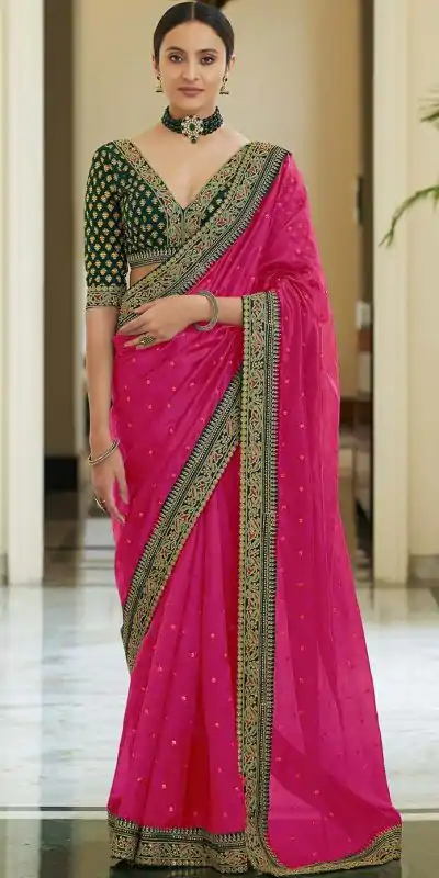 dazzling-pink-color-heavy-border-vichitra-silk-wedding-saree