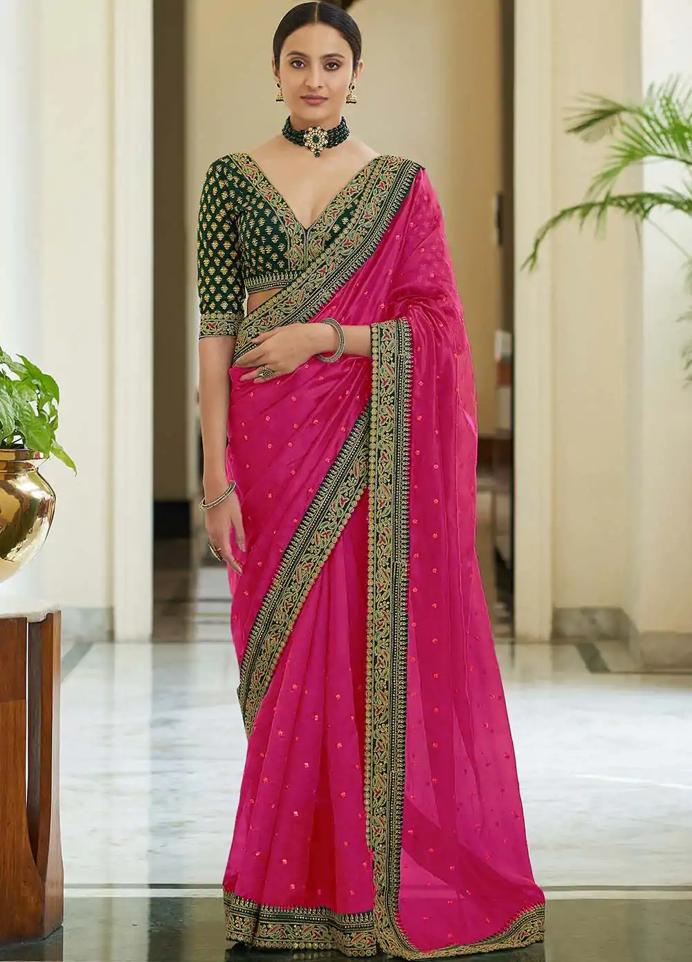 dazzling-pink-color-heavy-border-vichitra-silk-wedding-saree