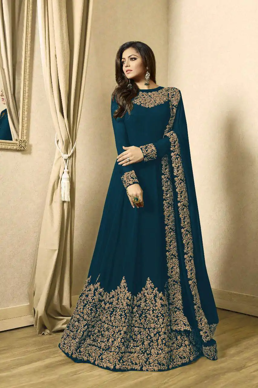Floor Length Anarkali For Women's In Peacock Blue Color With Heavy Georgette