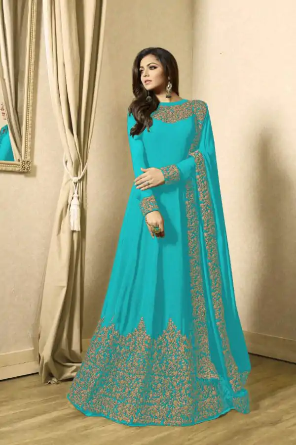 Floor Length Anarkali For Women's In Sky Blue Color With Heavy Georgette