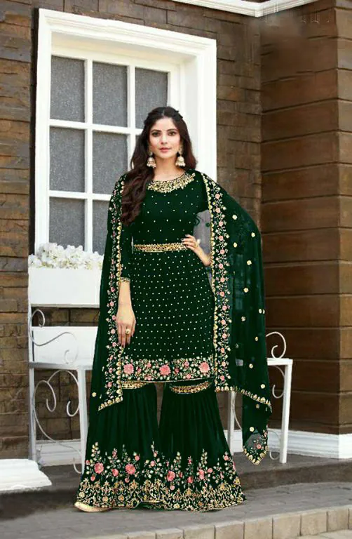 Mesmerizing Green color Georgette Embroidery Stone work Sharara Suit