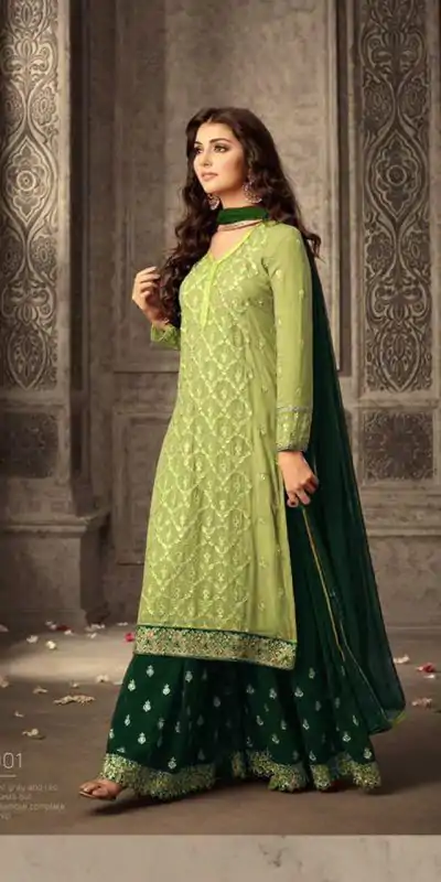 Light Green Faux Georgette Embroidery & Stone Work Sharara Suit