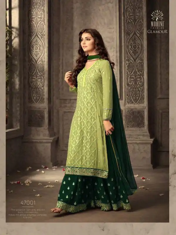 Light Green Faux Georgette Embroidery & Stone Work Sharara Suit