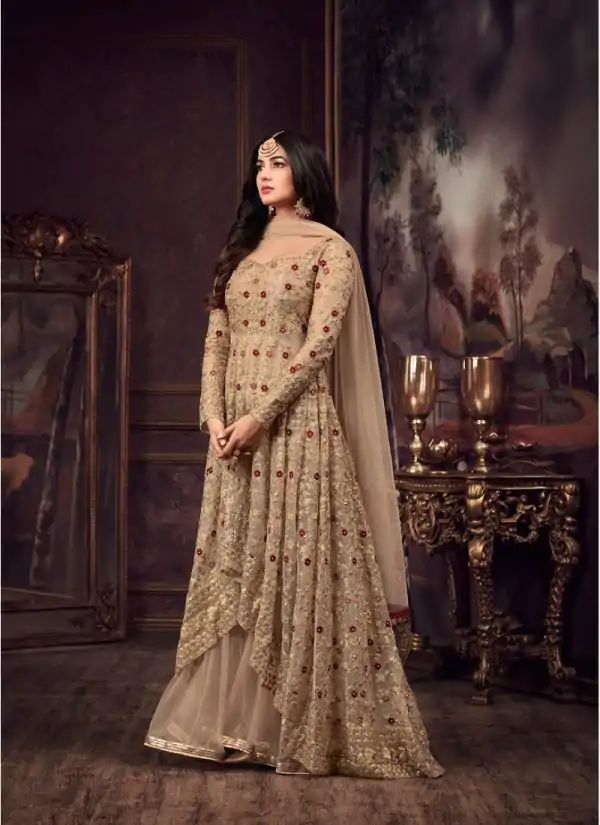 Maisha Women's Wear Cream Color Heavy Net Embroidered Stone Work Sharara Suit