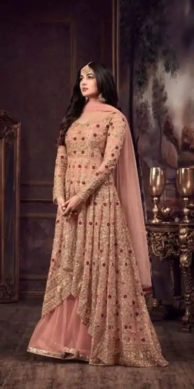Maisha Women's Wear Peach Color Heavy Net Embroidered Stone Work Sharara Suit