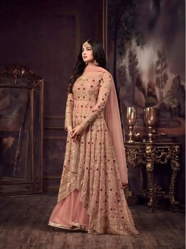 Maisha Women's Wear Peach Color Heavy Net Embroidered Stone Work Sharara Suit
