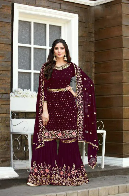 Mesmerizing Maroon color Georgette Embroidery Stone work Sharara Suit