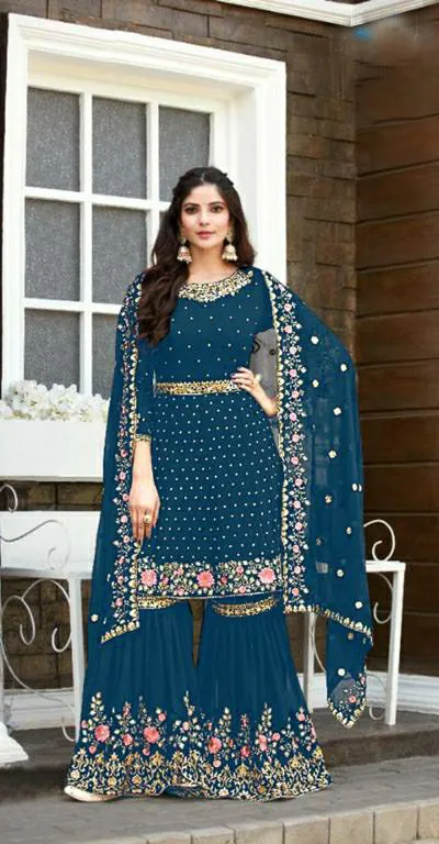 Mesmerizing peacock Blue color Georgette Embroidery Stone work Sharara suit