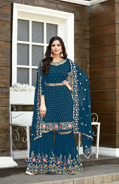 Mesmerizing peacock Blue color Georgette Embroidery Stone work Sharara suit