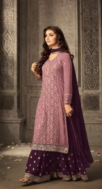 Pink-Wine Faux Georgette Embroidery & Stone Work Sharara Suit