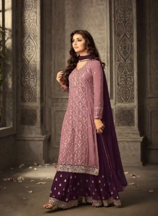 Pink-Wine Faux Georgette Embroidery & Stone Work Sharara Suit