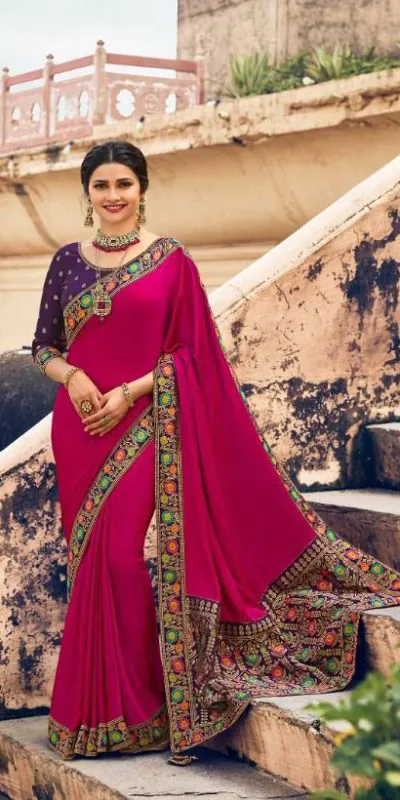 Exemplary Rani Pink Color Georgette Beautiful Lace Saree