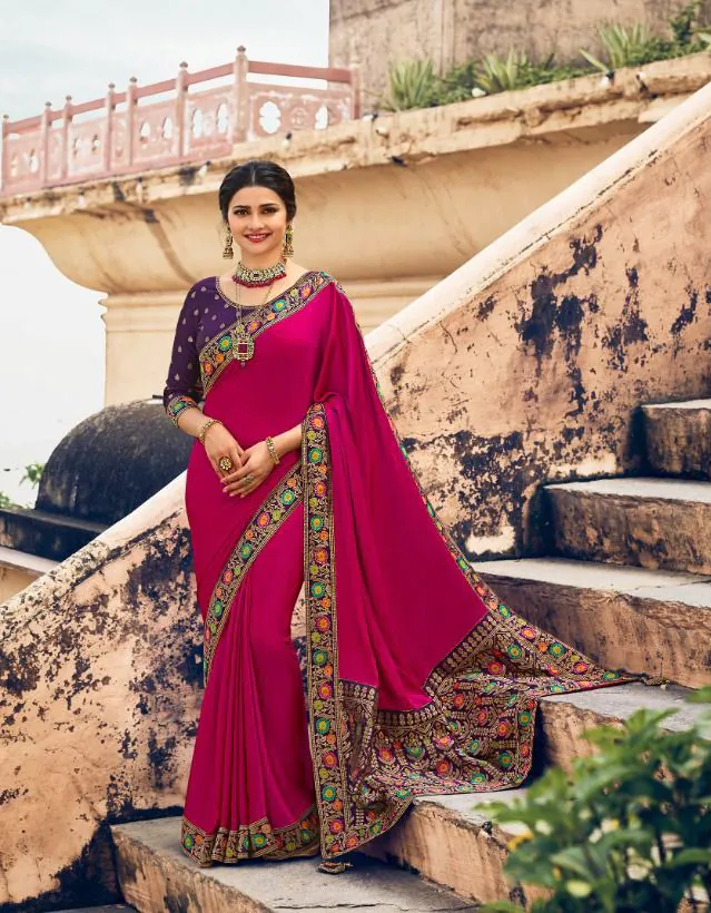 Exemplary Rani Pink Color Georgette Beautiful Lace Saree