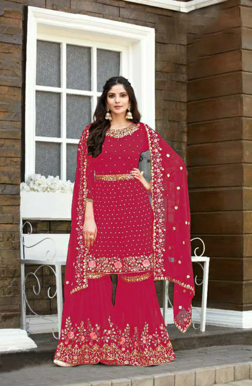 Mesmerizing Red color Georgette Embroidery Stone work Sharara Suit