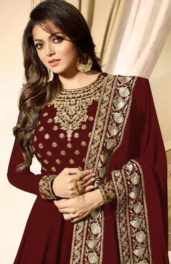 Wonderful Red Color Faux Georgette & Codding Embroidery work Suit
