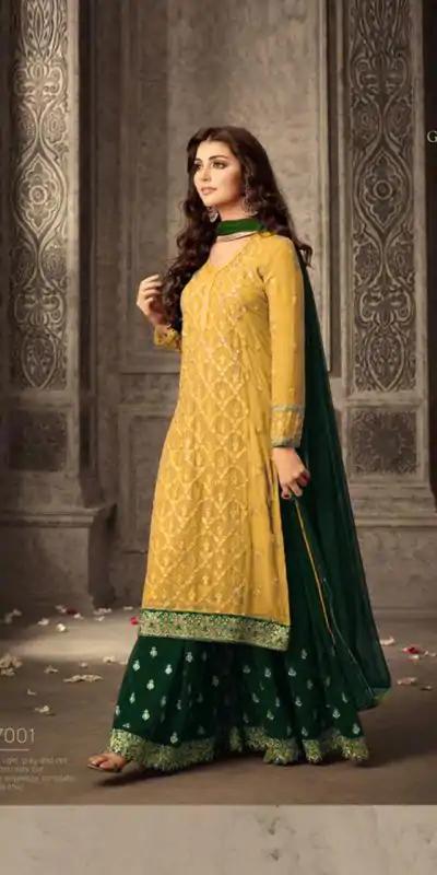 Yellow-Green Faux Georgette Embroidery & Stone Work Sharara Suit