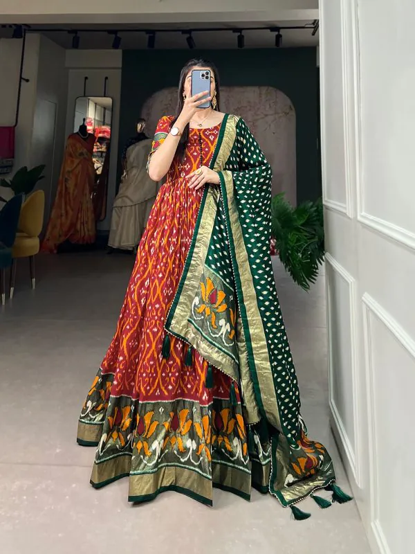 Aesthetic Red Color Tussar Silk Patola With Foil Print Gown
