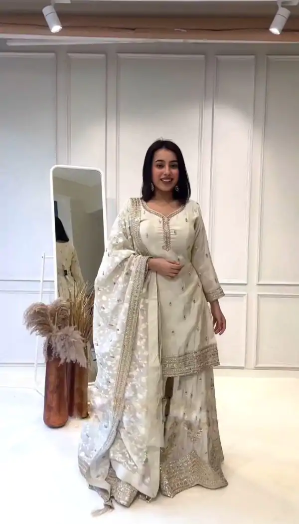 Aesthetic White Color Heavy Chinnon Silk Embroidery Sharara Suit