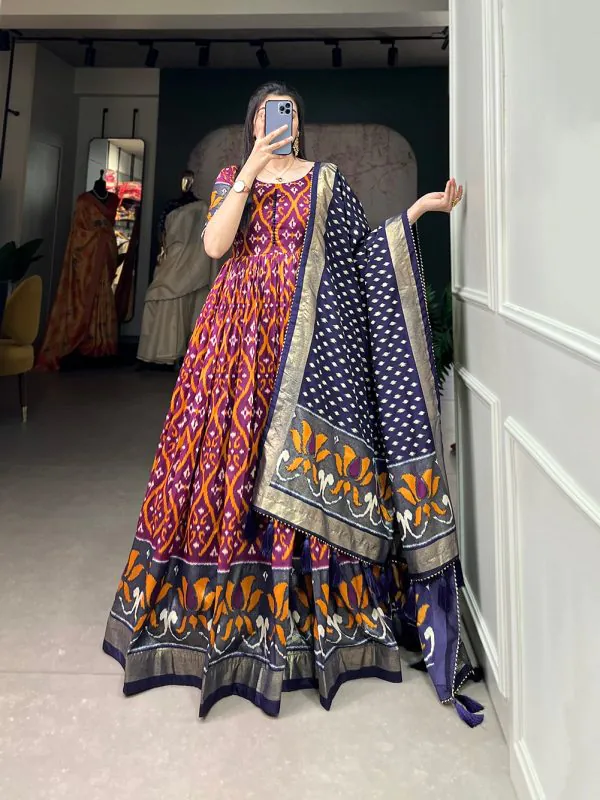 Aesthetic Wine Color Tussar Silk Patola With Foil Print Gown