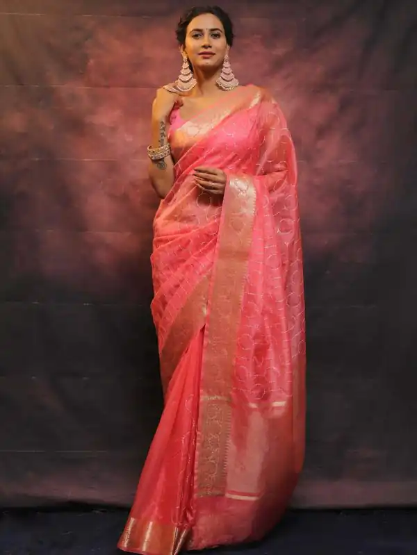 Artful Pink Nylon Organza Jacquard Multi Embroidered Saree