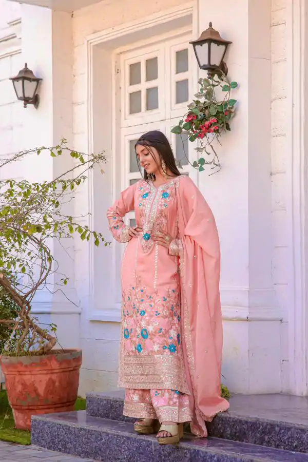 Artful Salmon Color Chinon Silk Diamond Hand Work Sharara Suit