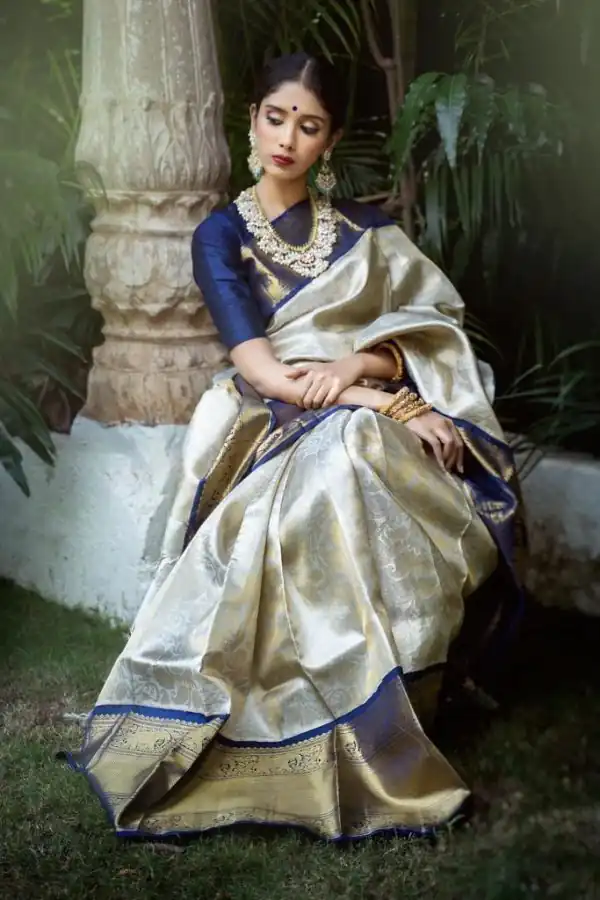 Artful White & Blue Color Soft Lichi Silk Jacquard Work Saree