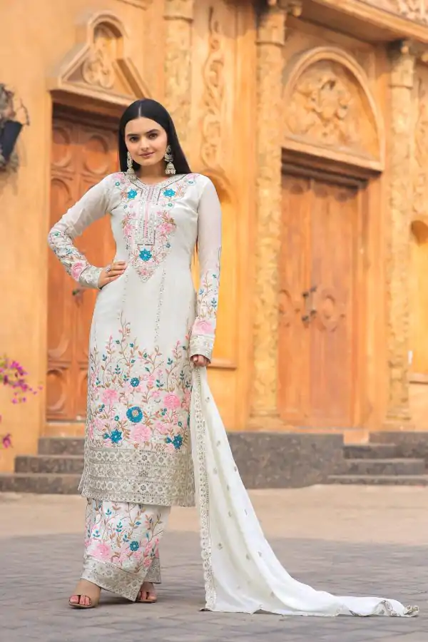 Artful White Color Chinon Silk Diamond Hand Work Sharara Suit