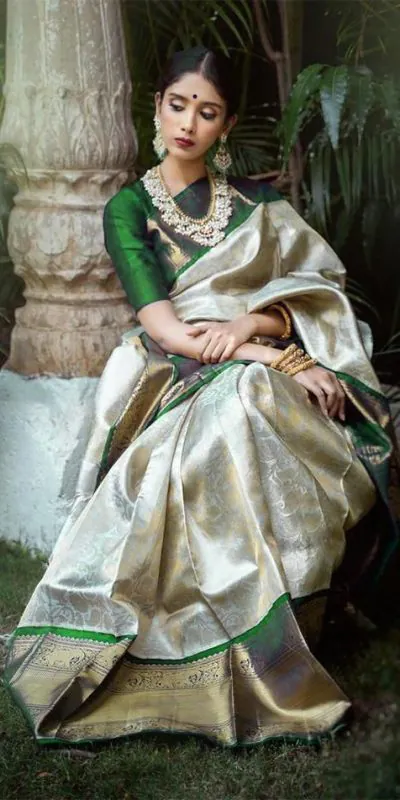 Artful White & Green Color Soft Lichi Silk Jacquard Work Saree