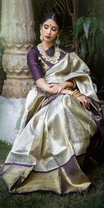 Artful White & Purple Color Soft Lichi Silk Jacquard Work Saree