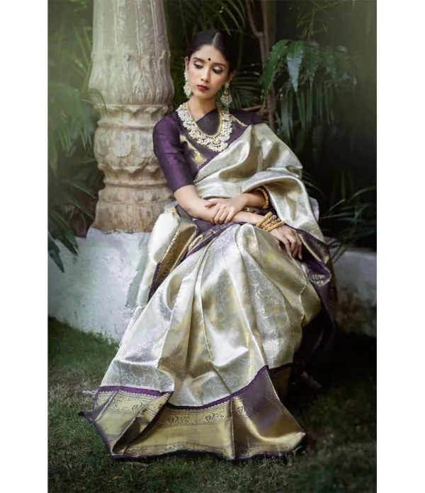 Artful White & Purple Color Soft Lichi Silk Jacquard Work Saree
