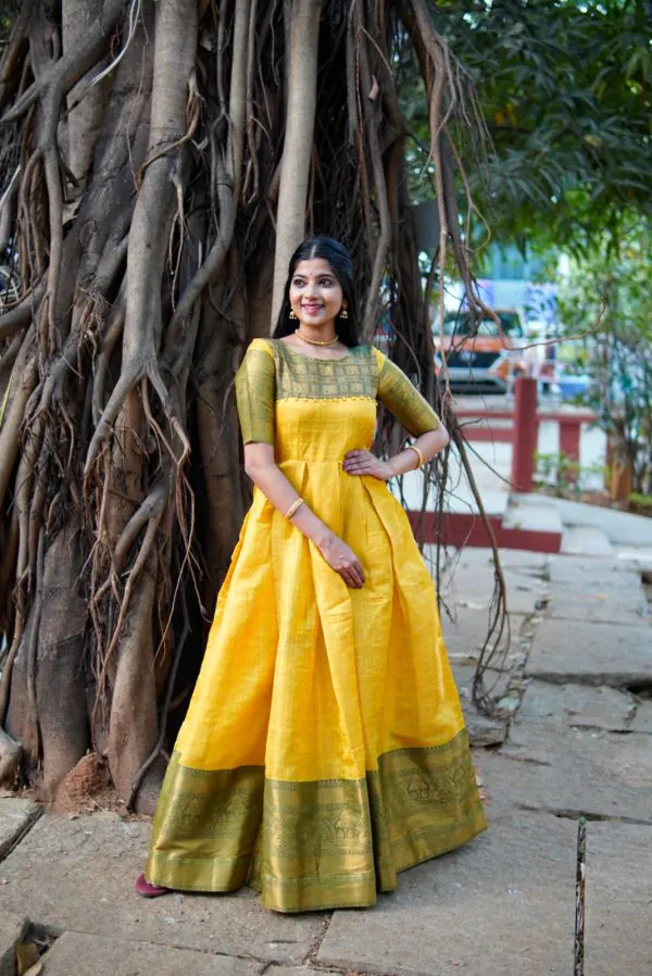Attractive Yellow Color Kanjivaram Silk Zari Weaving Work Gown