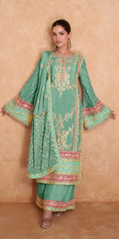 Beautiful Green Color Chinon Coding Embroidery Salwar Suit