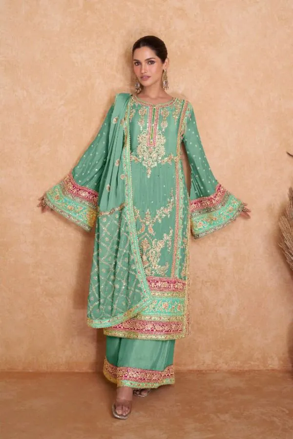 Beautiful Green Color Chinon Coding Embroidery Salwar Suit