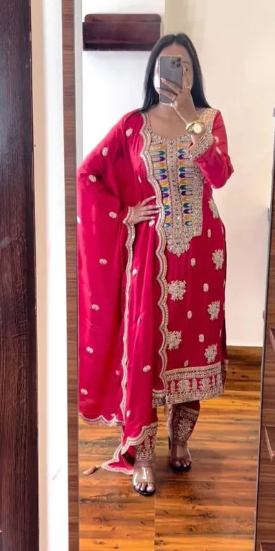 Beautiful Red Color Multi Thread Sequence Work Salwar Suit