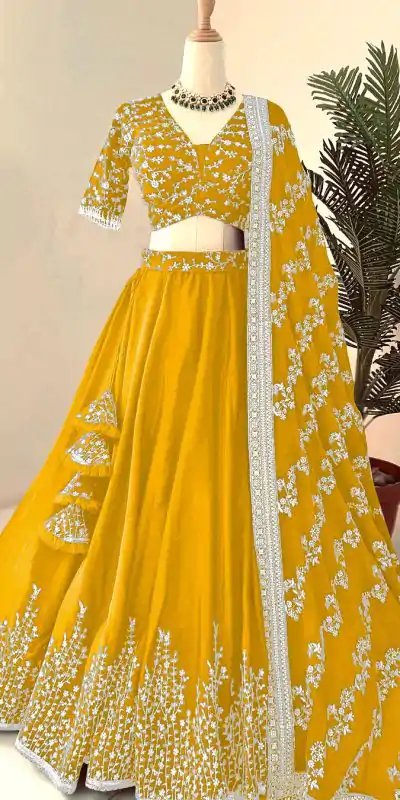 Beautiful Yellow Color Georgette Embroidery Sequence Lehenga