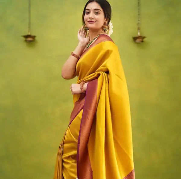 Beautiful Yellow Soft Lichi Silk Cloth Rich Pallu All Over Saree